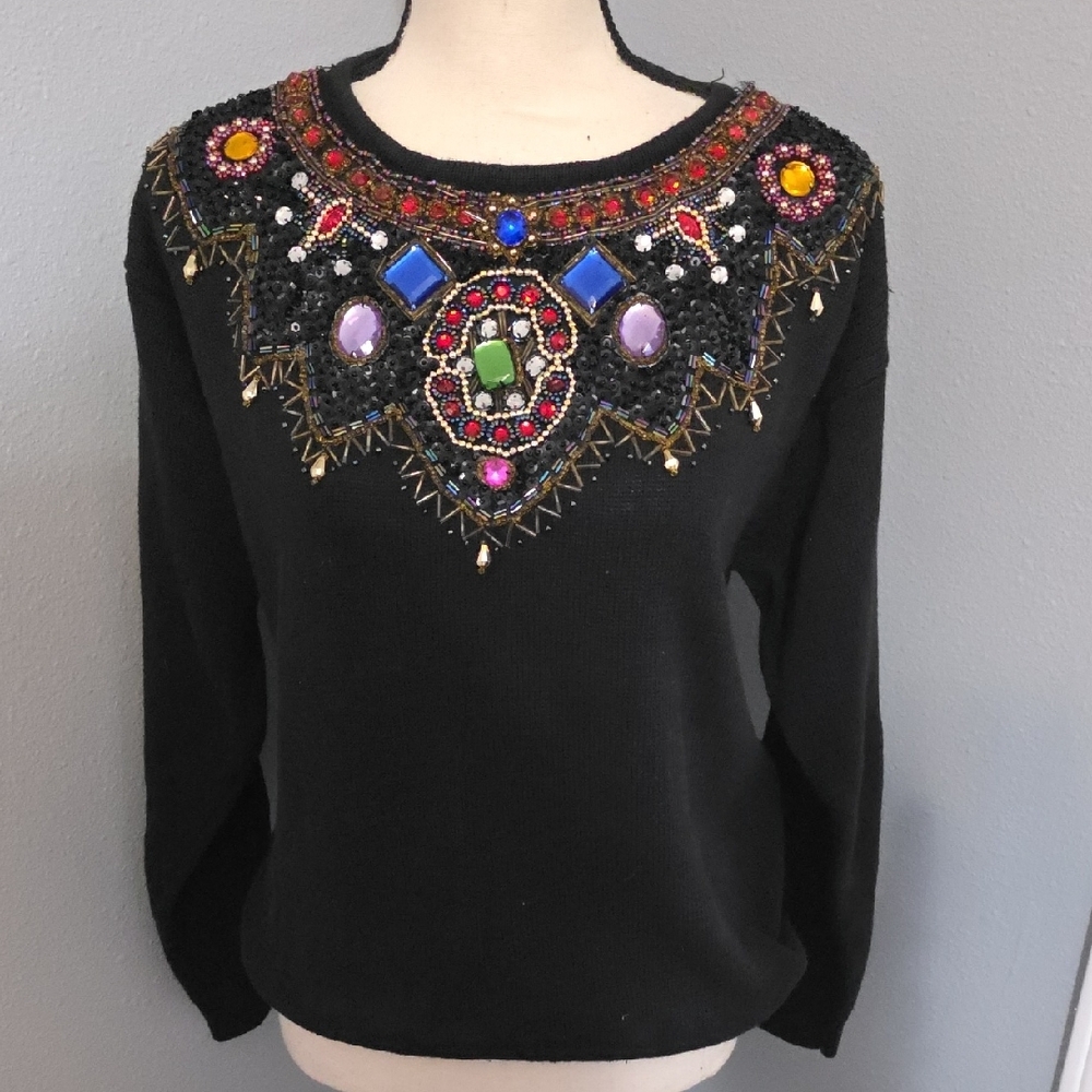 Black Jeweled Crewneck Sweater with Ornate Embellishment - Picture 5 of 8